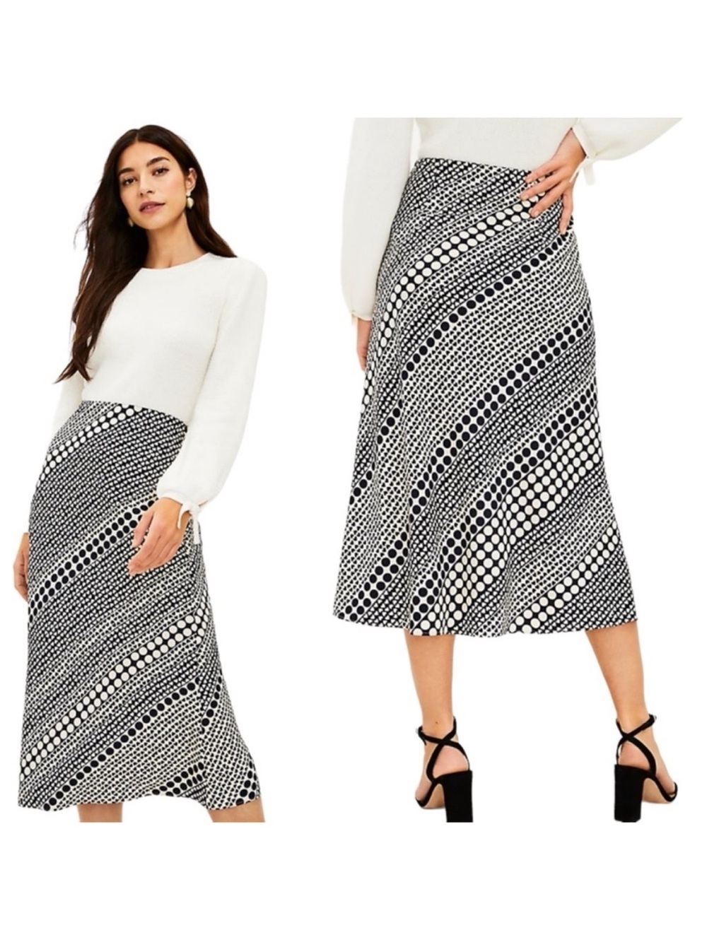 Loft heart and dots bias midi skirt new size large black cream